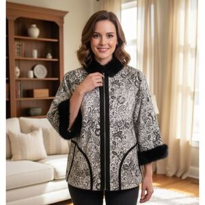 Vintage 1960s Jacket Black Fur Trimmed Full Zip Paisley Floral Womens Size US L